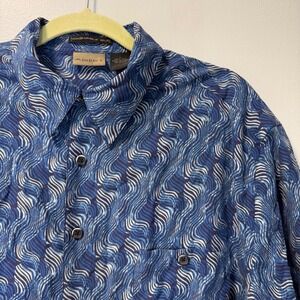 Axist Mens Washable Silk Short Sleeve Button Down Shirt Blue Wavy Geometric L